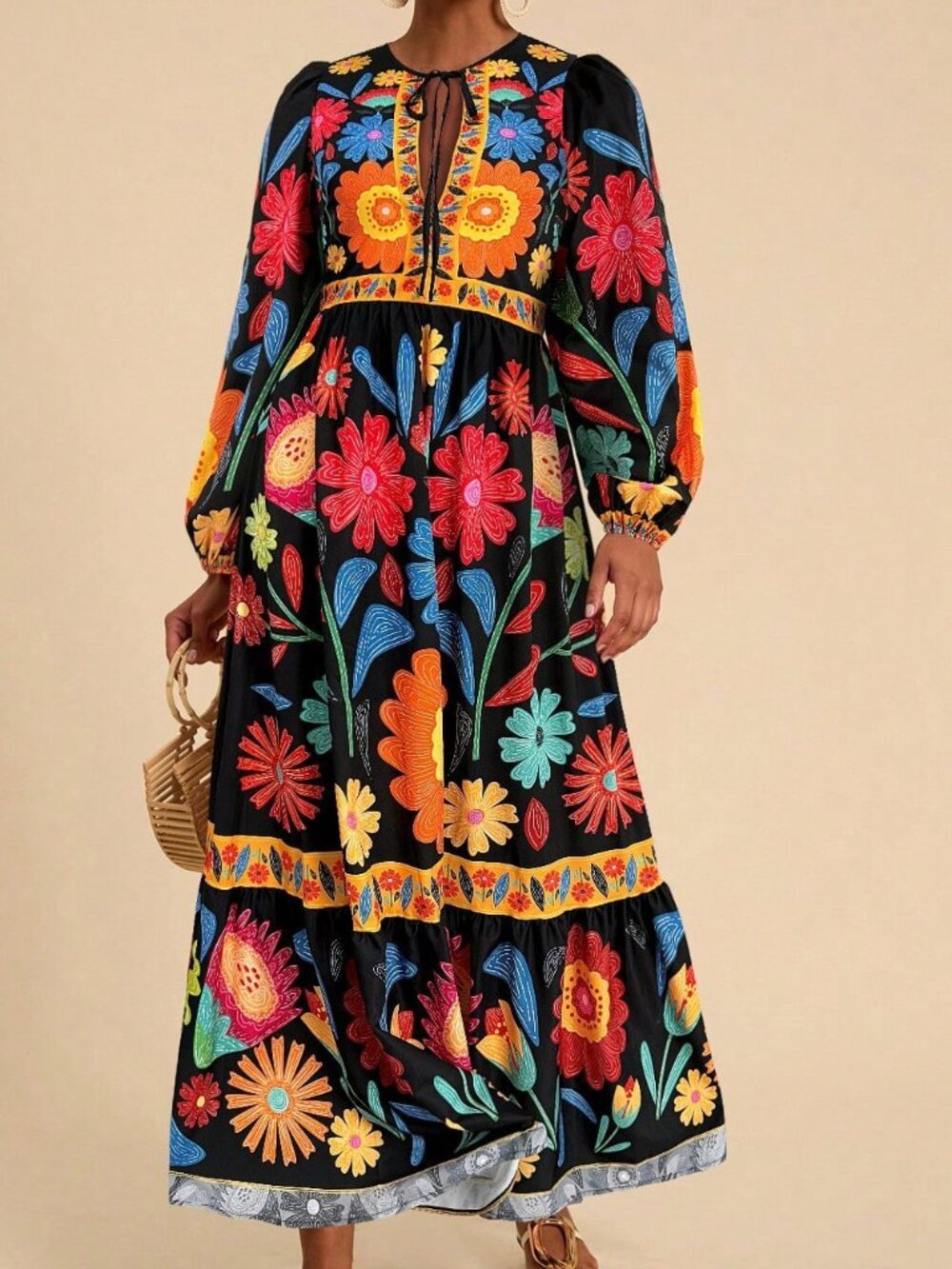 Black Boho Women's Floral Tie-Up Long Sleeve Dress - Picture 6 of 6
